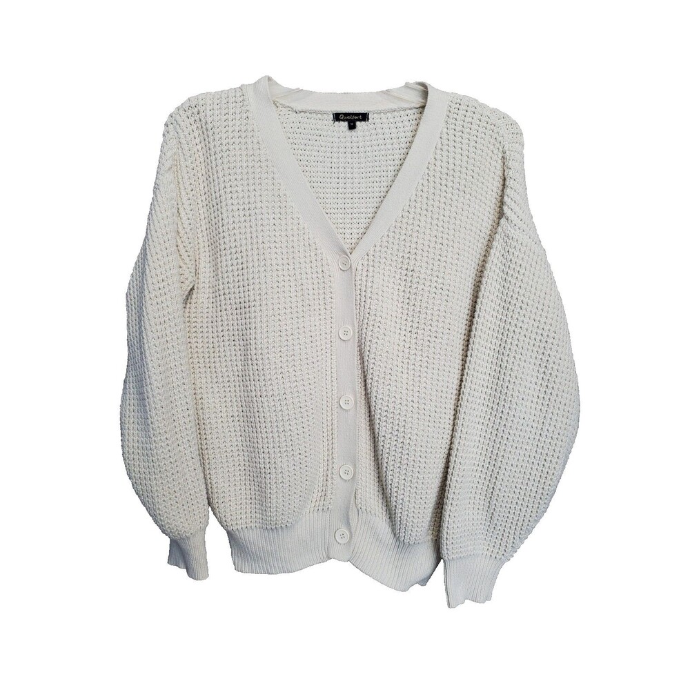 Qualfort Women's Off-White Cotton Chunky-Knit Button-Up Cardigan Size Medium